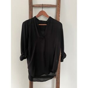Derek Heart Blouse Top V-Neck Roll Tab Long Sleeve‎ Black Blouse Size M